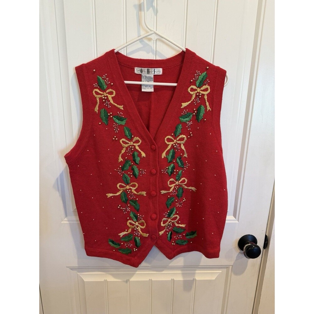 Vintage Christmas Sweater Vest Women L Red Holly Bows Beaded Embroidered 90s